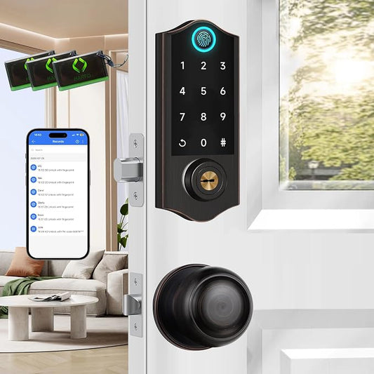 Fingerprint Smart Door Locks for Front Door with Handle Set, App Control, Keyless Entry Door Lock Keypad Deadbolt, Bluetooth Digital Electronic Touchscreen, Easy Install, Auto Lock, Aged Bronze