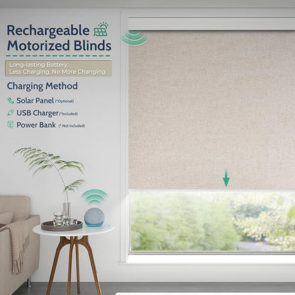 Motorized Blinds with Remote, Blackout Rechargeable Automatic Roller Shades, Cordless Smart Blinds Compatible with Alexa, Custom Blind for Indoor Windows, Linen Stone