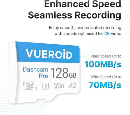 128GB Dashcam Pro microSD Card with Reader Adapter, C10, V30, UHS-I, Class 10, A2, High Speed Memory Card for 4K UHD Video, Read Speed up to 100 MB/s microsdxc