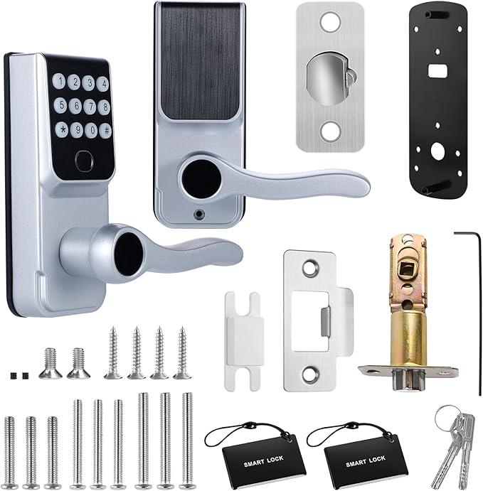 Keyless-Entry Fingerprint Smart Door Lock: LORVIBO Digital Electronic Lock with Code Passcode, Electric Door Knob, Biometric Door Handle, Perfect for Exterior/Interior/Entry/Bedroom Doors (Silver)