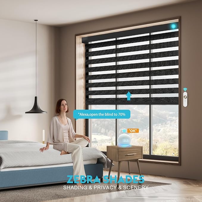 Motorized Zebra Blinds with Remote, Work with HomeKit Alexa, Smart Light Filtering Horizontal Automatic Electric Window Shades for Home Office Customsize(80% Blackout Oceanwave Black)