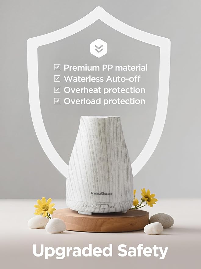 InnoGear Essential Oil Diffuser, Ultrasonic Diffusers for Home Aromatherapy Humidifier for Mother's Gift Bedroom Room 7 Colors LED 2 Mist Mode Auto Off, White Grey