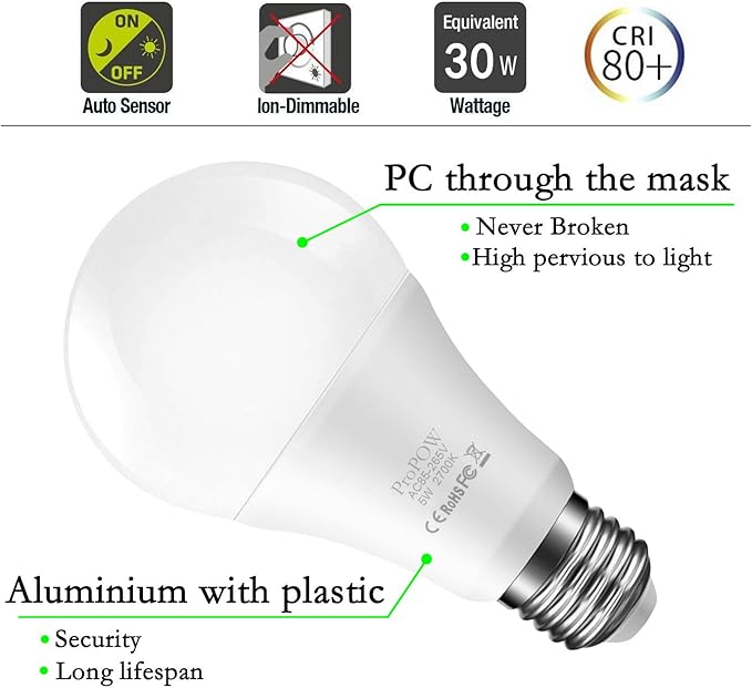 Dusk to Dawn Light Bulb, Sensor LED Bulbs Smart Lights Bulb 5W A19 Automatic On/Off, Indoor/Outdoor Lighting Lamp for Porch Garage Driveway Yard Hallway(E26,Soft White,2-Pack)