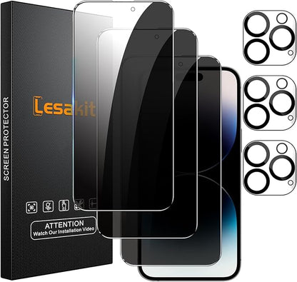 Lesakit 3+3 Pack Privacy Screen Protector for iPhone 14 Pro 6.1-Inch with 3 Pack Camera Lens Protector, Anti Spy Tempered Glass Film 9H Hardness Bubble Free Case Friendly