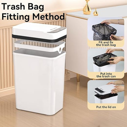FRESHLIX 3 Pack Bathroom Trash Can 2.6 Gallon Small Touchless Automatic Motion Sensor Trash Cans Slim Waterproof Garbage Bin with Lid for Kitchen, Office, Bedroom White