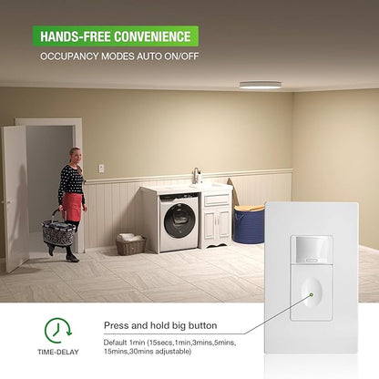 RAYZEEK Motion Sensor Light Switch, No Neutral Wire Required, No Ground Wire Needed,5A,Single Pole, Occupancy&Vacancy&Manual On/Off Override Motion Sensor Activated Wall Switch,PC Fireproof