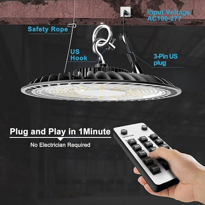 Lightdot 150W Smart LED High Bay Shop Light 5000K 22500LM (Eqv. to 600W HPS/MH) ETL Listed LED High Bay Light, 5000K AC100-277V Commercial UFO Lights with US Plug -8Pack 5Yrs Warranty