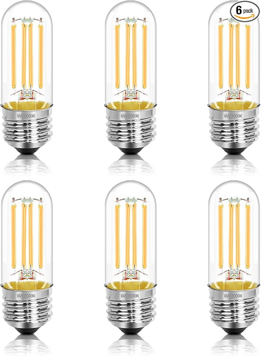 3.2 Inch 3000K Warm White E26 LED Bulb 60 Watt Equal, AC 120V 600LM Edison Bulbs Dimmable, 6W T10 T30 Tubular Filament Light Bulbs Clear Glass for Fan Pendant Wall Light, UL Certified-6 Pack