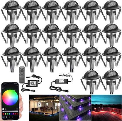 Low Voltage RGB Step Lights Kit, 20-Pack 1.38inch Half Moon Smart WiFi Deck Lights Outdoor, DC12V, IP65 Waterproof, Landscape Railing LED Light for Yard, Stair, Porch, Railing Decor, Black