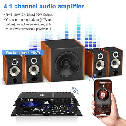 Audio Power Amplifier for Home Speakers -S-299 Bluetooth 5.0 Power Amp 4.1 Channel RMS 40Wx4 Subwoofer AMP DC 12V/5A Mini Integrated Digital Amplifier with USB/SD & AUX Jack