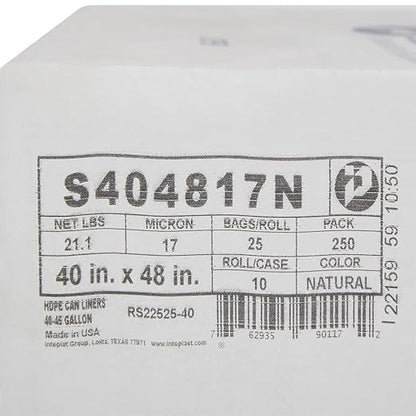 Inteplast Group S404816N 40-45 Gallon Capacity, 48" Length x 40" Width x 16 Mic Thickness, Natural Color, HDPE Commercial Coreless Institutional Trash Can Liner (Case of 10 Roll, 25 Bags per Roll)