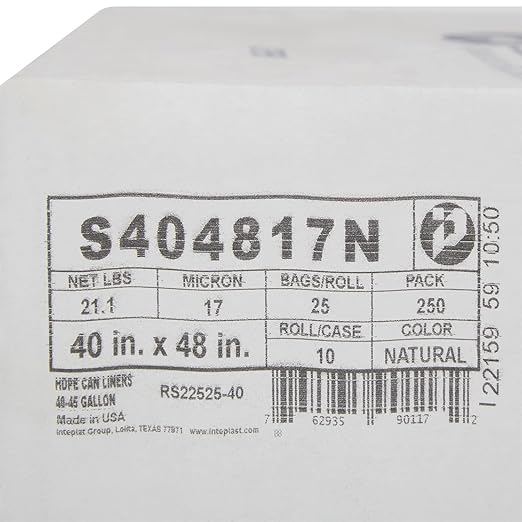 Inteplast Group S404814N 40-45 Gallon Capacity, 48" Length x 40" Width x 14 Mic Thickness, Natural Color, HDPE Commercial Coreless Institutional Trash Can Liner (Case of 10 Roll, 25 Bags per Roll)