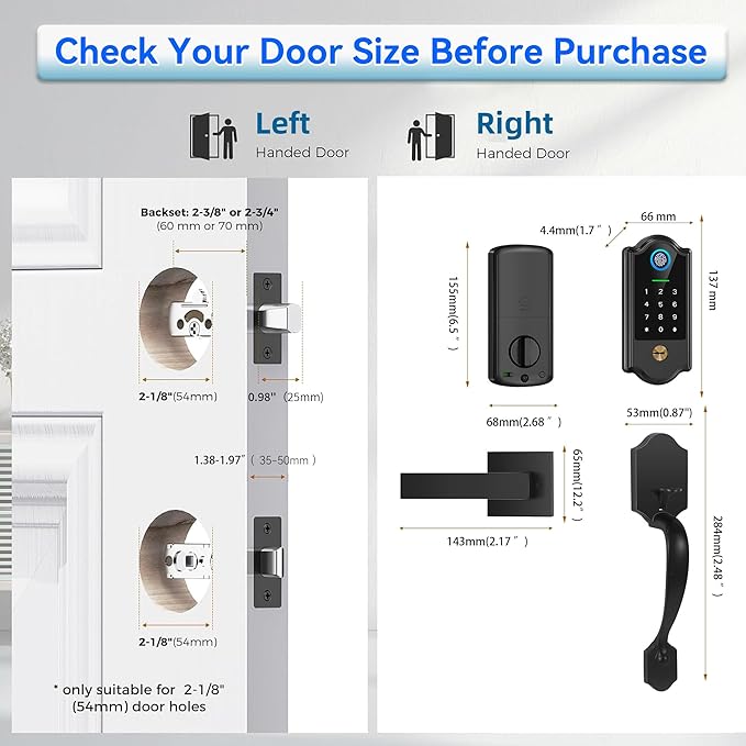 Smart Fingerprint Door Lock for Front Door – Keyless Entry Deadbolt with Handle Set, Digital Keypad, App Control, Auto Lock, Easy Install, Matte Black