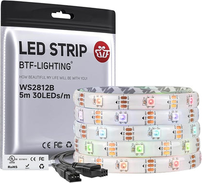 BTF-LIGHTING WS2812B IC RGB LED Strip,UL Listed,Pure Gold Wires,DC5V 16.4FT 150LED 5050SMD,Individually Addressable,Flexible for DIY Chasing Full Color Project,3M Tape,IP65(No Adapter or Controller)