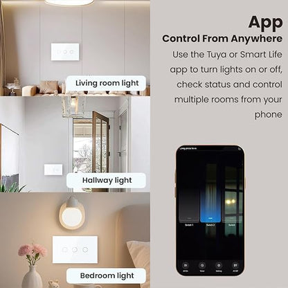 Smart Switch Neutral Wire Optional,APP Control,White 3 Button | 4.65 X 2.83 X 1.34 Inches,Only 2.4GHz Wi-Fi,Voice Control,Work with Tuya/Smart Life/Alexa,Tempered Glass Panel
