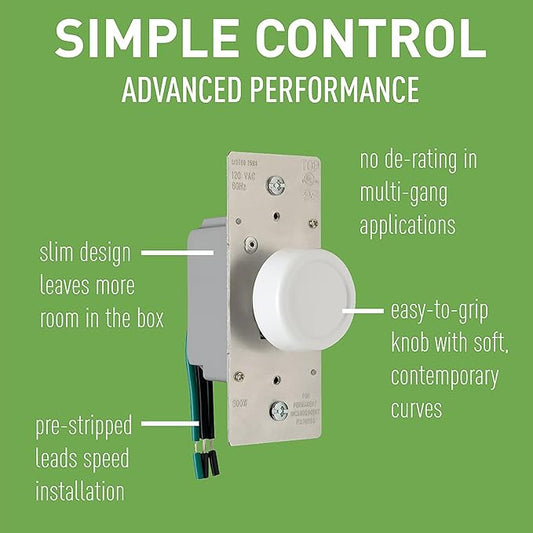 Legrand Pass & Seymour 600W Preset Rotary Dimmer Light Switch, For Home Lighting & Ambient Mood Control, Incandescent & Halogen Bulbs, Single Pole, R600PWV, White, 1 Count