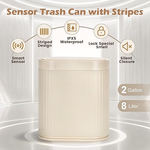 SYNCVIBE Bathroom Trash Can with Lid Automatic 2 Gallon Sensor Trash Bin, 7.5 Liter Smart Rubbish Bin, Motion Sensor Waterproof Bathroom Decor, Plastic Narrow Garbage Can for Bedroom, Office, Beige