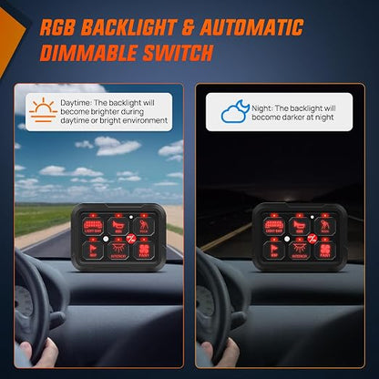 Nilight 6 Gang Switch Panel Relay System w/APP Control Automatic Dimmable | RGB Backlight Panel Circuit Control 2-side Output Fuse Wiring Harness ON Off LED Switch Pod for 12V 24V Car Truck Camper SUV