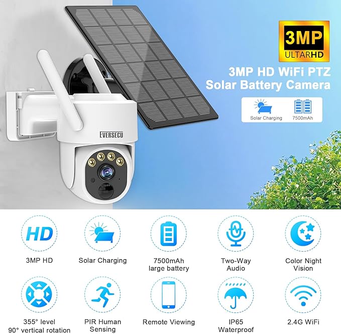 EVERSECU 2K Outdoor-Solar Security Camera Wireless with PTZ 360° View, Smart Siren, Spotlights, Color Night Vision, AI Human Detection, 2-Way Talk, Compatible with Alexa, Cloud/SD Card Storage
