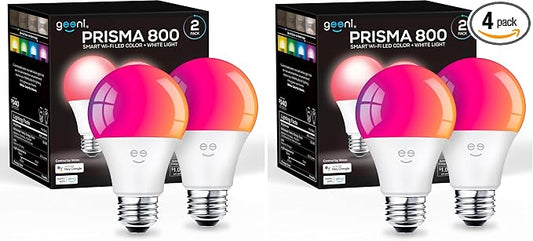 Geeni Prisma Smart Light Bulbs 4-Pack, Color Changing RGBW LED, A19, 800 Lumens, 60W Equivalent, Dimmable, 2700K, Works with Alexa & Google Home
