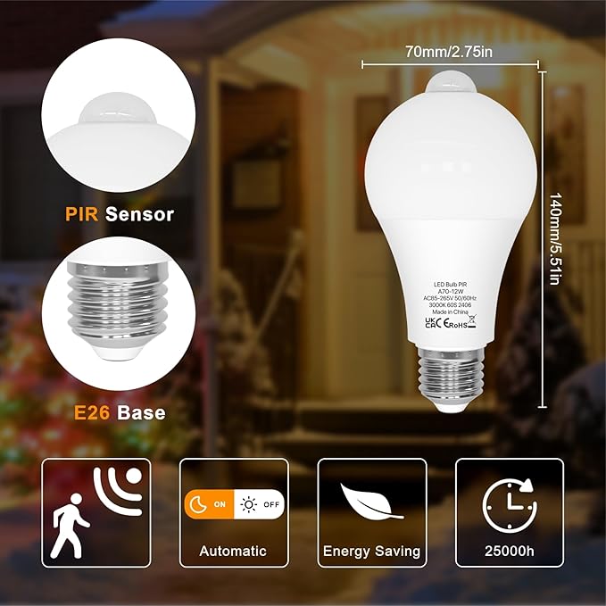ORALUCE Motion Sensor Light Bulbs Indoor Outdoor 100 watt Equivalent, 12W Motion Activated Light Bulb 3000K Warm White, A19 E26 LED Light Bulb for Garage, Porch, Hallway, Stairs, Front Door, 2 Pack