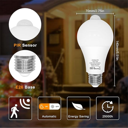 ORALUCE Motion Sensor Light Bulbs Indoor Outdoor 100 watt Equivalent, 12W Motion Activated Light Bulb 3000K Warm White, A19 E26 LED Light Bulb for Garage, Porch, Hallway, Stairs, Front Door, 2 Pack
