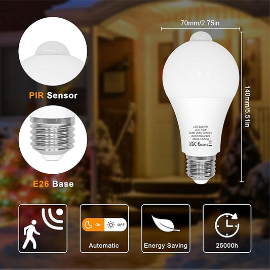 ORALUCE Motion Sensor Light Bulbs Indoor Outdoor 100 watt Equivalent, 12W Motion Activated Light Bulb 3000K Warm White, A19 E26 LED Light Bulb for Garage, Porch, Hallway, Stairs, Front Door, 2 Pack