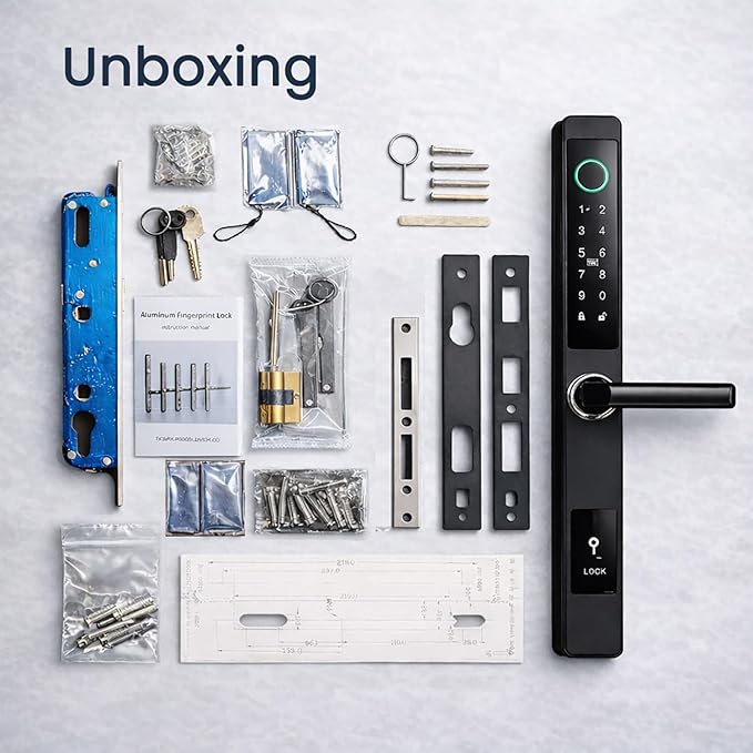 Smart Door Lock with Handle - Keyless Entry Fingerprint & Touchscreen Keypad - App Control, Alexa & Google Home Compatible - Waterproof Sliding Door Patio, Wood, Aluminum Slim Door - DIY Black