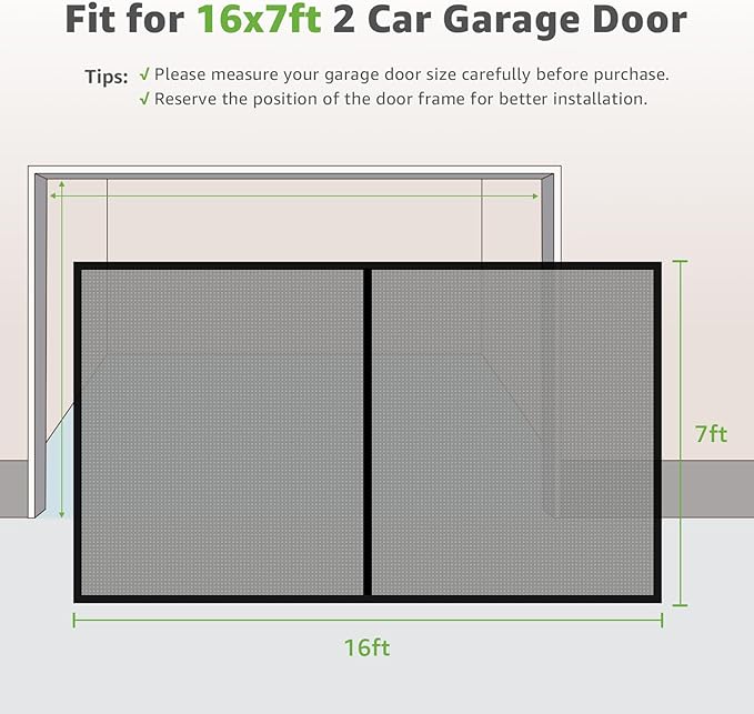 Garage Door Screen, 16x7 Ft Magnetic Closure Heavy Duty Weighted Bottom Garage Screen Doors for 2 Car Garage, Fiberglass Mesh Anti Annoying Animal Out