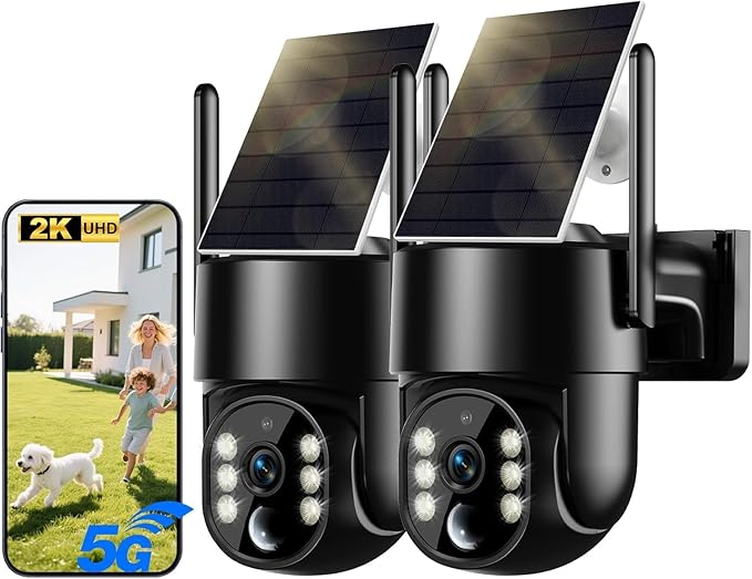Solar Security Cameras Wireless Outdoor, 5G&2.4GHz Cameras for Home Security, 2K Solar Outdoor Camera, Color Night Vision, AI Human Detection, 2-Way Talk, Siren Alarms (Two)