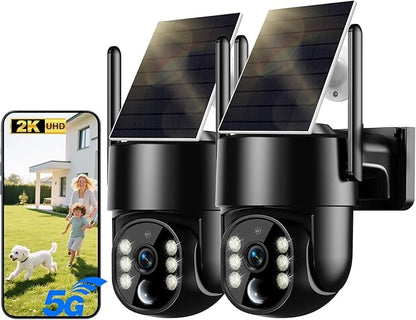 Solar Security Cameras Wireless Outdoor, 5G&2.4GHz Cameras for Home Security, 2K Solar Outdoor Camera, Color Night Vision, AI Human Detection, 2-Way Talk, Siren Alarms (Two)