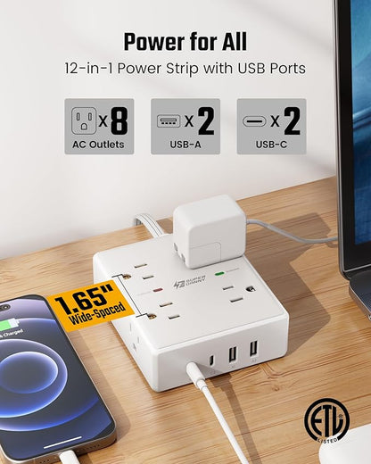 15Ft Long Extension Cord, Surge Protector Power Strip with 8 Outlets & 4 USB Ports (2 USB C), Flat Plug Power Strip Wall Mountable, Desk Charging Station for Home Office, College Dorm Room Essentials