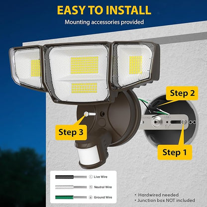 Abovizo 90W Motion Sensor Outdoor Lights, 10000LM LED Flood Light Outdoor with 4 Adjustable Heads, 6500K Daylight, Dusk to Dawn, IP65 Waterproof Security Light for Garage, Yard, Porch, Front Door