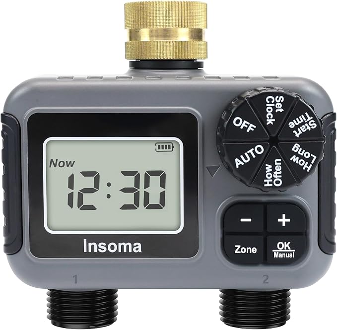 Insoma 2-Zone Water Timer for Garden Hose, Brass Inlet Sprinkler Timer | 2 Independent Zones, Auto/Manual/Rain Delay Modes, IP55 Waterproof Hose Timer, Easy Programmable Schedules for Lawn/Yard