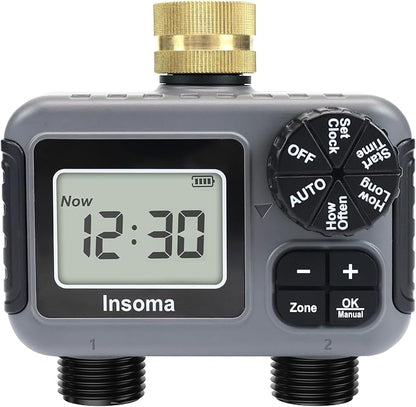 Insoma 2-Zone Water Timer for Garden Hose, Brass Inlet Sprinkler Timer | 2 Independent Zones, Auto/Manual/Rain Delay Modes, IP55 Waterproof Hose Timer, Easy Programmable Schedules for Lawn/Yard