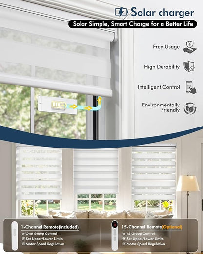 No Drill Motorized Zebra Blinds with Remote,Cordless Shades Dual Layer,Thermal Insulated Upgraded Shades(White,23.5" W x 72" H)