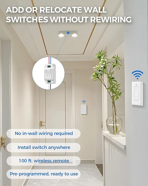 3 Way Wireless Light Switch and Receiver Kit, WILAWELS Wireless Light Switch with 2 Receivers for Ceiling Light, Fan, Lamp, Moveable, 100FT RF Range, No Wiring, No Interference W06RC2106