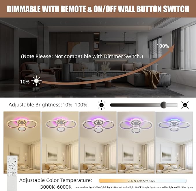50W Dimmable LED Ceiling Light, Modern Flush Mount, Chrome 4-Ring | Remote Control, Adjustable 3000-6000K, Modern Lighting for Living Room, Bedroom, Kitchen & Hallway
