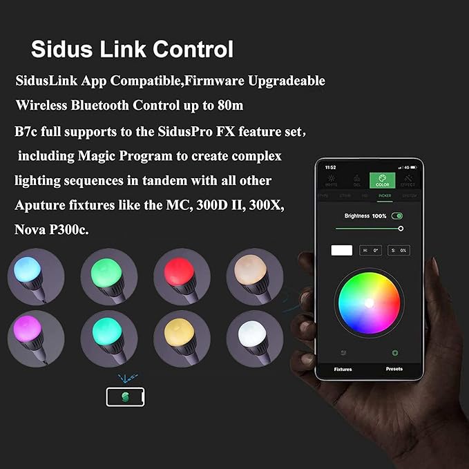 Aputure Accent B7C Smart Led Light Bulbs 7W RGBWW,TLCI 96+ CRI 95+ 2,000K-10,000K Adjustable 0-100% Stepless Dimming CCT/HSI/FX Mode App Control Built-in Battery/AC Power via E26/E27 Socket