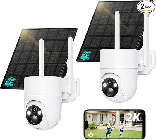 LIWAN 4G LTE Cellular Security Cameras Wireless Outdoor 2-Pack, Solar Powered No WiFi Security Camera with SIM Card, 2K HD Color Night Vision, 360° View Off-Grid Cam for Farm, Cabin, Construction Site