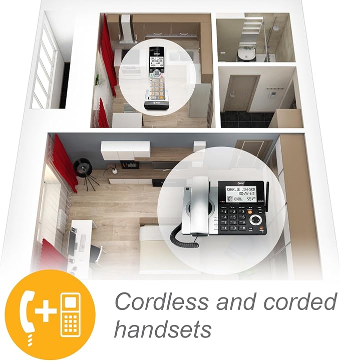 AT&T CL84307 Dect 6.0 Expandable Corded/Cordless Phone with Smart Call Blocker, Silver/Black with 3 Handsets