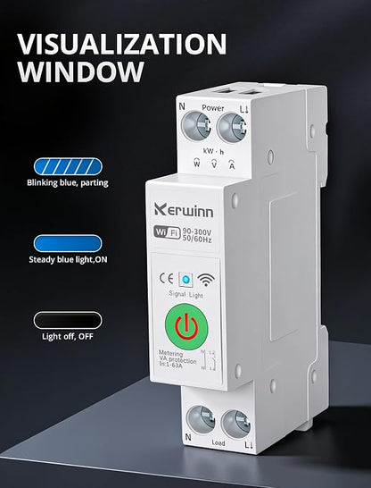 WiFi Smart Circuit Breaker 1P+N, 24-Hour Energy Monitoring, DIN Rail Mount, Smart Life/Tuya APP Remote Control & Voice Control Compatible with Alexa/Google Assistant (1-63A)