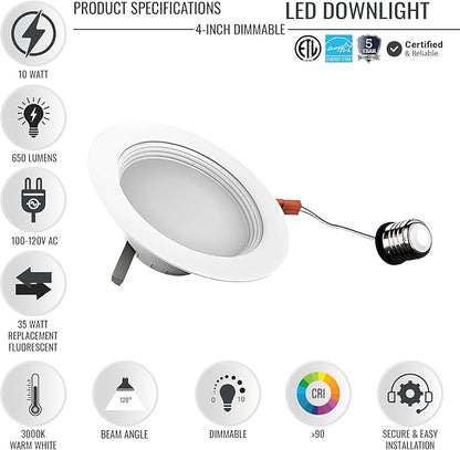 LEDMyplace Recessed Lighting - 10W Round Dimmable LED Can Lights, 650 Lumens, 3000K Warm White - Baffle Trim Recessed Downlight, Energy-Efficient LED Fixture for Home, Office, and Bedrooms (12-Pack)
