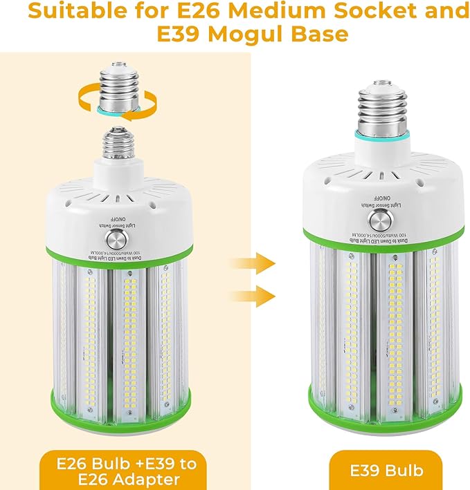 GEPLAD 2 Pack Dusk to Dawn LED Corn Light Bulbs 100W(Equivalent 1000W), E26/E39 Base, 14,000LM 5000K Daylight, Auto On/Off Photocell Sensor, Outdoor LED Light Bulbs for Porch Garage Yard Security