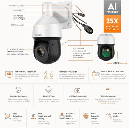 4K 8MP Auto Tracking PTZ PoE IP Camera with Optical 25x Motorized 5mm–125mm Lens,Human Vehicle Detection,AI Face Detection, 328ft IR Night Vision,Two-Way Talk,Perimeter Protection,SMD 4.0 Quick