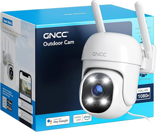 GNCC 2.4GHz Outdoor Security Camera, Plug-in Wired Cameras for Home Security, 355° PTZ Camera with 1080P Color Night Vision, Motion Detection, 2-Way Audio, Cloud Storage Subscription Required(1-Pack)