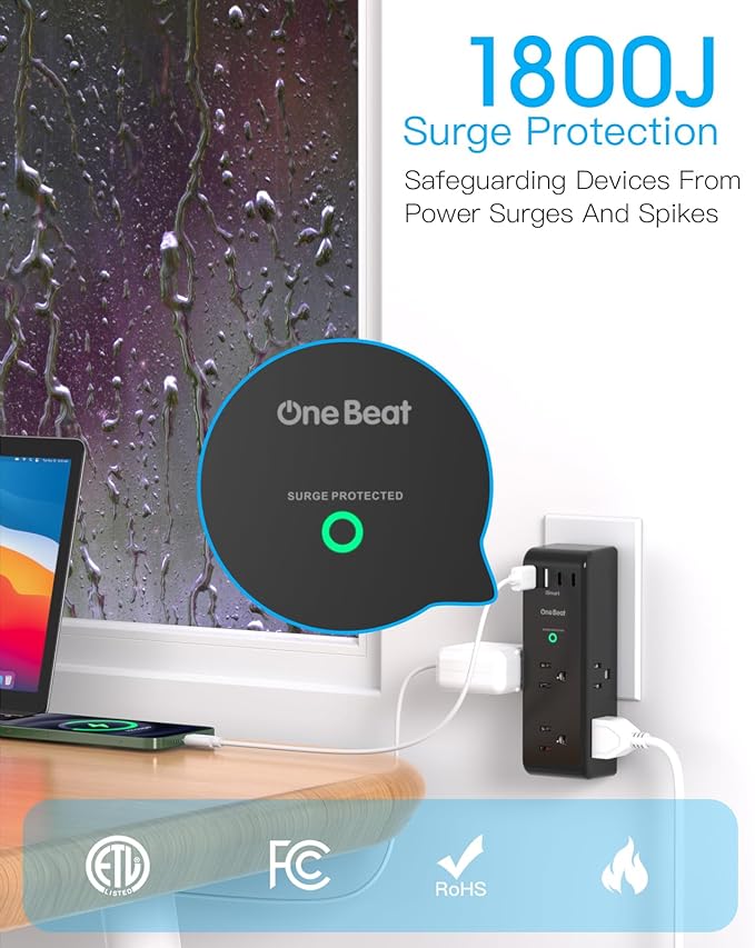 Surge Protector Outlet Extender with Rotating Plug, 6 AC Multi Plug Outlet with 4 USB Ports (2 USB C), 1800 Joules, 3-Sided Swivel Power Adapter with Spaced Outlet Splitter for Dorm, Office, Black
