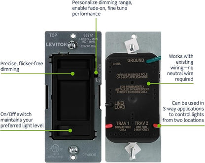 Leviton SureSlide LED Advanced Dimmer Switch for 150W Dimmable LED, Halogen and Incandescent Bulbs and Fixtures, 66741-E, Black