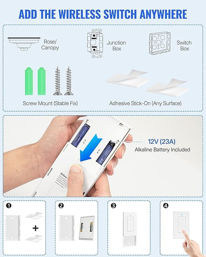 Wireless Light Switch and Receiver Kit, WILAWELS Remote Wall Switches Lighting Fixture, No Wiring, Programmable, 100FT RF Range, 1 Remote Switch for 2 Receivers for Ceiling Light, Fan, Lamp W06RC1206