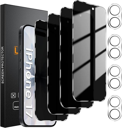 Lesakit 4 Pack Privacy Screen Protector for iPhone 17 6.3-Inch with 4 Pack Camera Lens Protector, Anti Spy Tempered Glass Film 9H Hardness Bubble Free Case Friendly